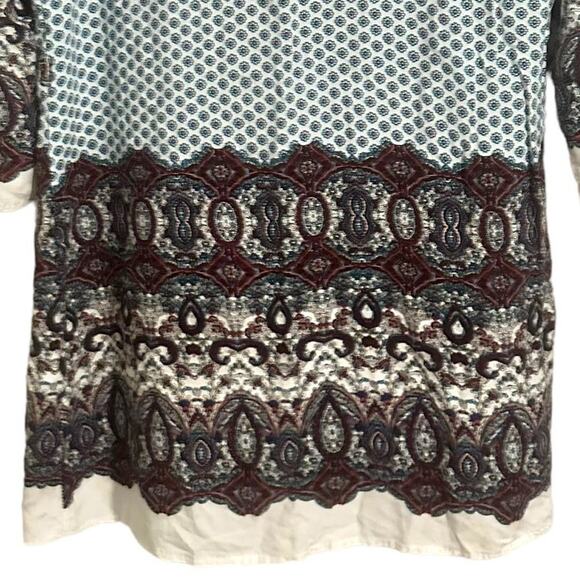 Vintage Pullover Tunic Top Batik Print V-Neck Zipper Blouse Blue Burgundy M/L - Picture 6 of 9